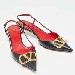 Pre Owned Valentino Black Leather Escape V logo Slingback Pumps Size 39.5