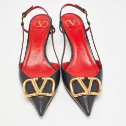Pre Owned Valentino Black Leather Escape V logo Slingback Pumps Size 39.5