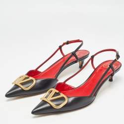 Pre Owned Valentino Black Leather Escape V logo Slingback Pumps Size 39.5
