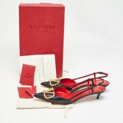 Pre Owned Valentino Black Leather Escape V logo Slingback Pumps Size 39.5
