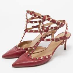 Pre Owned Valentino Dark Red Leather Rockstud Ankle Strap Pumps Size 41