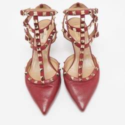 Pre Owned Valentino Dark Red Leather Rockstud Ankle Strap Pumps Size 41