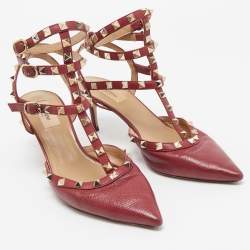 Pre Owned Valentino Dark Red Leather Rockstud Ankle Strap Pumps Size 41