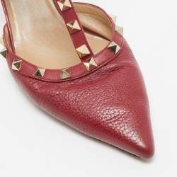 Pre Owned Valentino Dark Red Leather Rockstud Ankle Strap Pumps Size 41