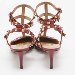 Pre Owned Valentino Dark Red Leather Rockstud Ankle Strap Pumps Size 41