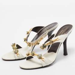 Valentino White Leather Crystal Embellished Slide Sandals Size 37