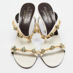 Valentino White Leather Crystal Embellished Slide Sandals Size 37