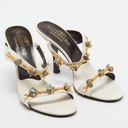 Valentino White Leather Crystal Embellished Slide Sandals Size 37