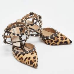 Pre Owned Valentino Brown/Beige Leopard Print Pony Hair And Leather Rockstud Strappy Pumps Size 40