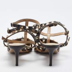 Pre Owned Valentino Brown/Beige Leopard Print Pony Hair And Leather Rockstud Strappy Pumps Size 40