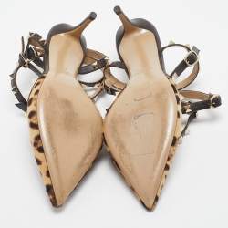 Pre Owned Valentino Brown/Beige Leopard Print Pony Hair And Leather Rockstud Strappy Pumps Size 40