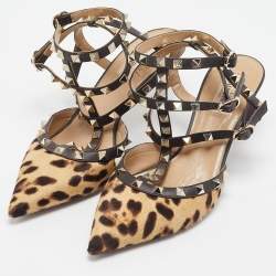 Pre Owned Valentino Brown/Beige Leopard Print Pony Hair And Leather Rockstud Strappy Pumps Size 40