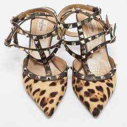 Pre Owned Valentino Brown/Beige Leopard Print Pony Hair And Leather Rockstud Strappy Pumps Size 40