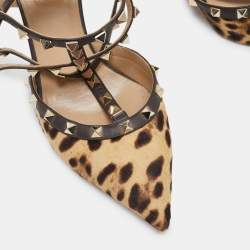 Pre Owned Valentino Brown/Beige Leopard Print Pony Hair And Leather Rockstud Strappy Pumps Size 40