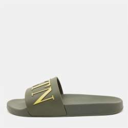 Pre Owned Valentino Green Rubber VLTN Flat Slides Size 42
