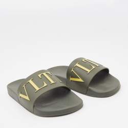 Pre Owned Valentino Green Rubber VLTN Flat Slides Size 42
