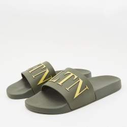 Pre Owned Valentino Green Rubber VLTN Flat Slides Size 42