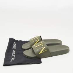 Pre Owned Valentino Green Rubber VLTN Flat Slides Size 42