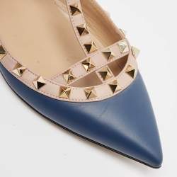 Valentino Blue/Dusty Pink Leather Rockstud Ankle Strap Flats Size 40