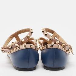 Valentino Blue/Dusty Pink Leather Rockstud Ankle Strap Flats Size 40