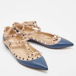 Valentino Blue/Dusty Pink Leather Rockstud Ankle Strap Flats Size 40