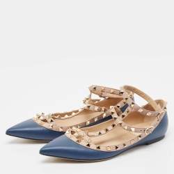 Valentino Blue/Dusty Pink Leather Rockstud Ankle Strap Flats Size 40