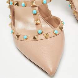 Pre Owned Valentino Beige Leather Rolling Rockstud Ankle Strap Pumps Size 39