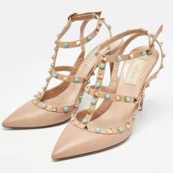 Pre Owned Valentino Beige Leather Rolling Rockstud Ankle Strap Pumps Size 39