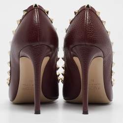 Pre Owned Valentino Dark Burgundy Leather Rockstud Pointed Toe Pumps Size 39
