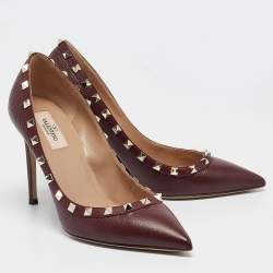 Pre Owned Valentino Dark Burgundy Leather Rockstud Pointed Toe Pumps Size 39
