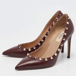 Pre Owned Valentino Dark Burgundy Leather Rockstud Pointed Toe Pumps Size 39