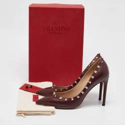 Pre Owned Valentino Dark Burgundy Leather Rockstud Pointed Toe Pumps Size 39