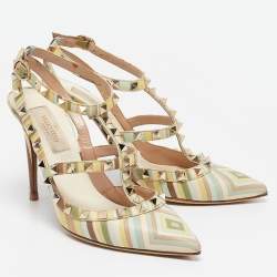 Pre Owned Valentino Multicolor Leather Rockstud Strappy Pointed Toe Pumps Size 36.5