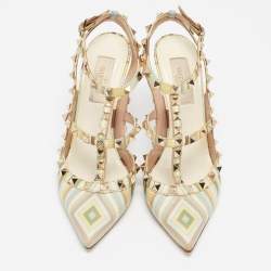 Pre Owned Valentino Multicolor Leather Rockstud Strappy Pointed Toe Pumps Size 36.5