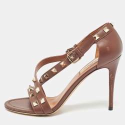 Pre Owned Valentino Dark Brown Leather Rockstud  Sandals Size 37.5