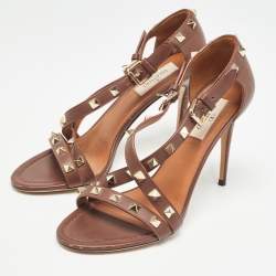 Pre Owned Valentino Dark Brown Leather Rockstud  Sandals Size 37.5