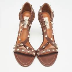 Pre Owned Valentino Dark Brown Leather Rockstud  Sandals Size 37.5