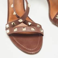 Pre Owned Valentino Dark Brown Leather Rockstud  Sandals Size 37.5