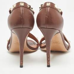 Pre Owned Valentino Dark Brown Leather Rockstud  Sandals Size 37.5