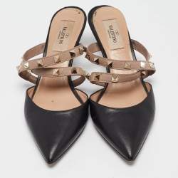 Pre Owned Valentino Black/Dusty Pink Leather Rockstud Mules Size 37
