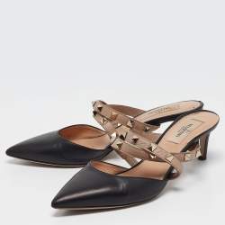 Pre Owned Valentino Black/Dusty Pink Leather Rockstud Mules Size 37