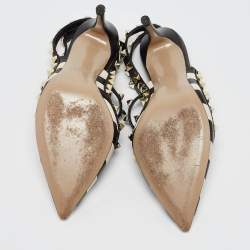 Pre Owned Valentino Black/White Striped Leather Rockstud Ankle Strap Pumps Size 38