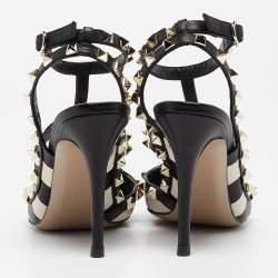 Pre Owned Valentino Black/White Striped Leather Rockstud Ankle Strap Pumps Size 38