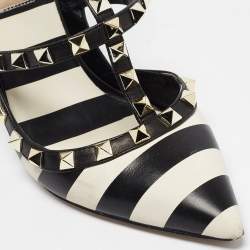 Pre Owned Valentino Black/White Striped Leather Rockstud Ankle Strap Pumps Size 38