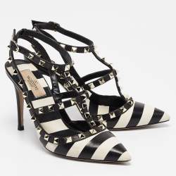 Pre Owned Valentino Black/White Striped Leather Rockstud Ankle Strap Pumps Size 38