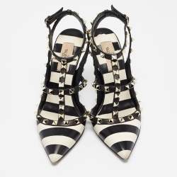 Pre Owned Valentino Black/White Striped Leather Rockstud Ankle Strap Pumps Size 38