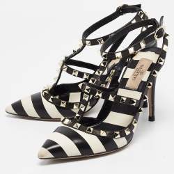 Pre Owned Valentino Black/White Striped Leather Rockstud Ankle Strap Pumps Size 38