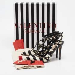 Pre Owned Valentino Black/White Striped Leather Rockstud Ankle Strap Pumps Size 38