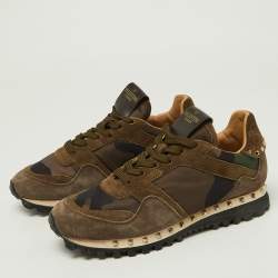 Valentino Green/Brown Suede and Camouflage Canvas Rockrunner Low Top Sneakers Size 35