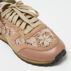 Valentino Beige/Pink Floral Lace and Leather Rockrunner Low Top Sneakers Size 35